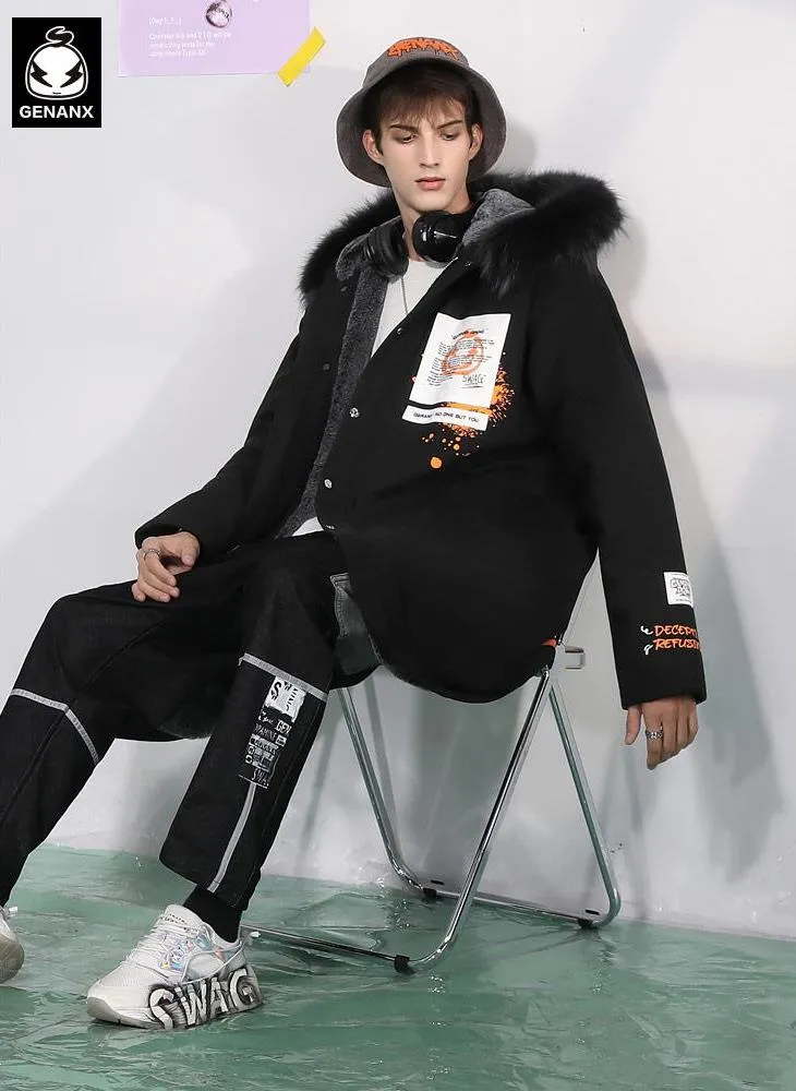 Black Print Padded Coat With Removable Collar
