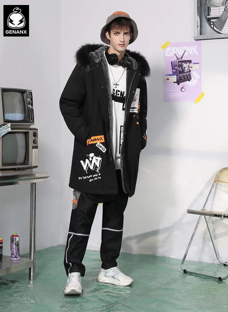 Black Print Padded Coat With Removable Collar