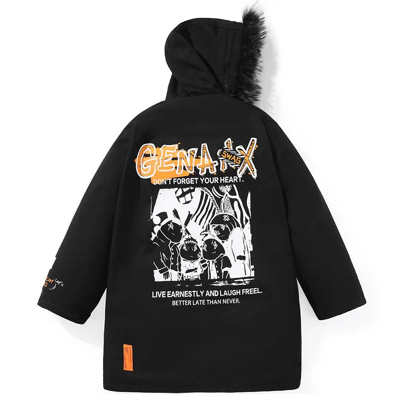 Black Print Padded Coat With Removable Collar
