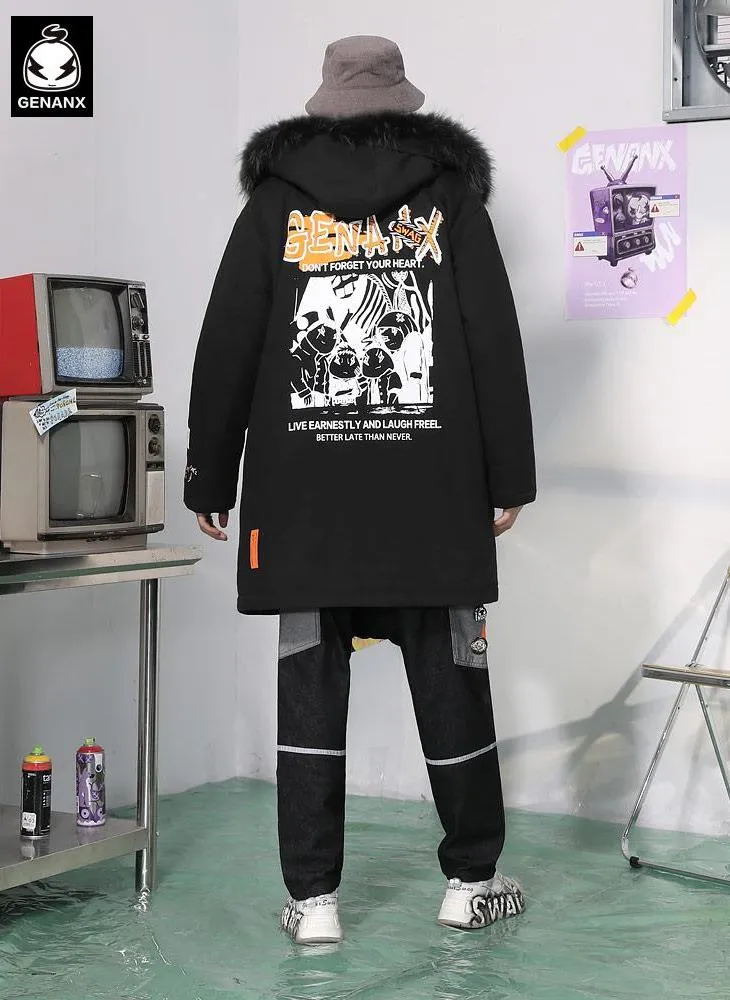 Black Print Padded Coat With Removable Collar