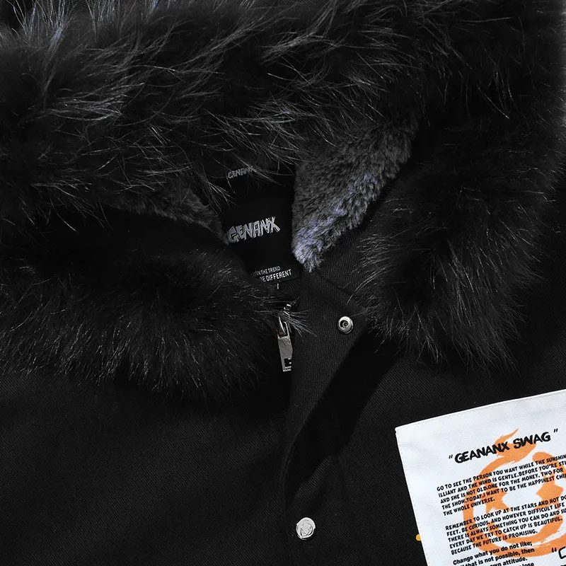 Black Print Padded Coat With Removable Collar