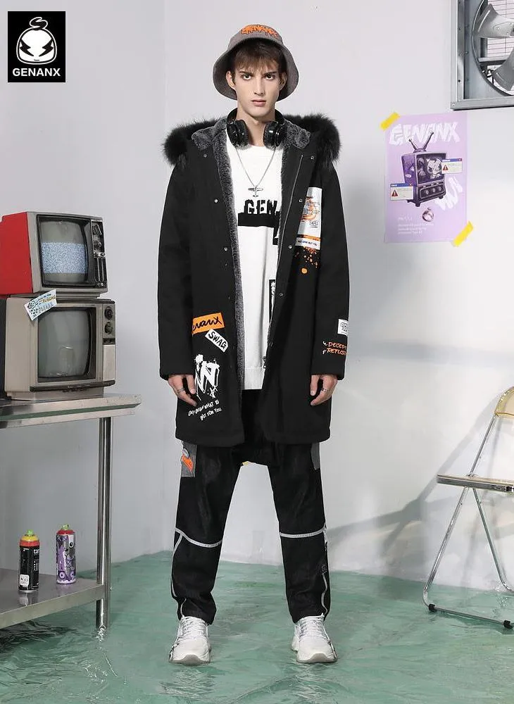 Black Print Padded Coat With Removable Collar