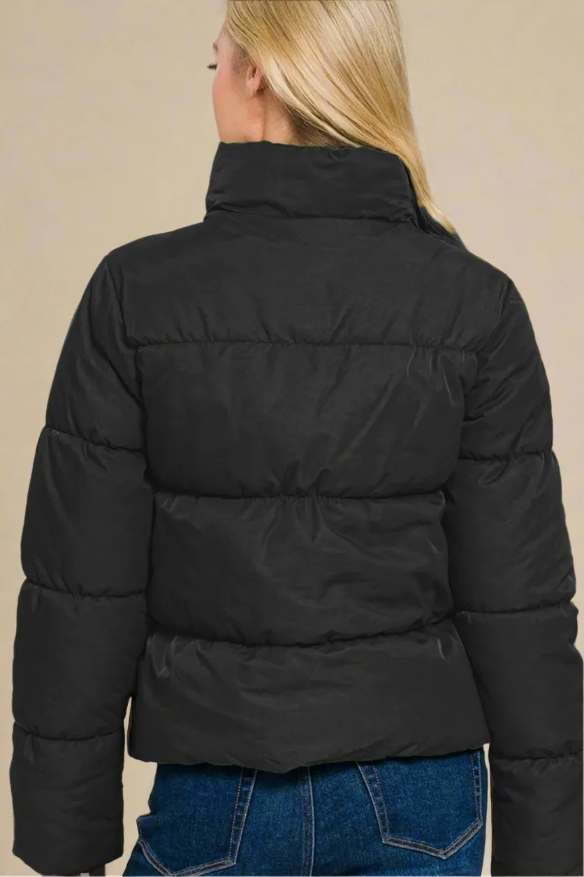 Black Zip Up Puffer Jacket with Pockets