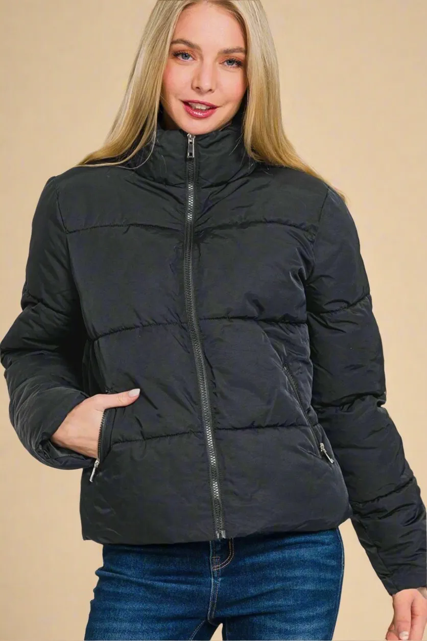 Black Zip Up Puffer Jacket with Pockets