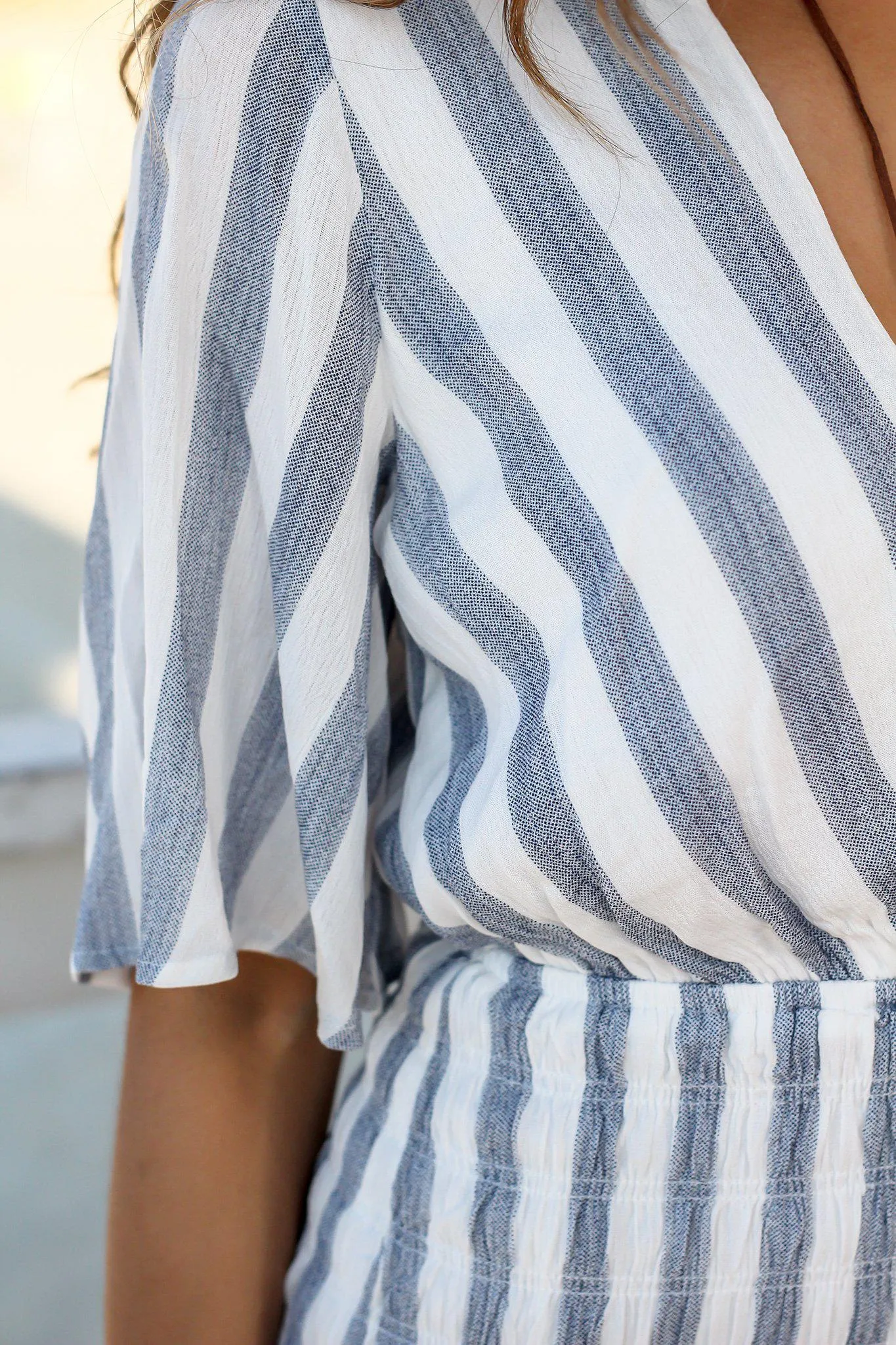 Blue and White Short Sleeve Striped Romper
