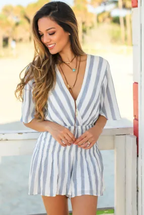 Blue and White Short Sleeve Striped Romper