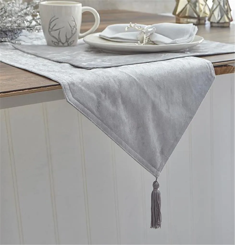 Christmas Crushed Velvet Holiday Silver Tablerunner with Tassel Accent 13" x 72"