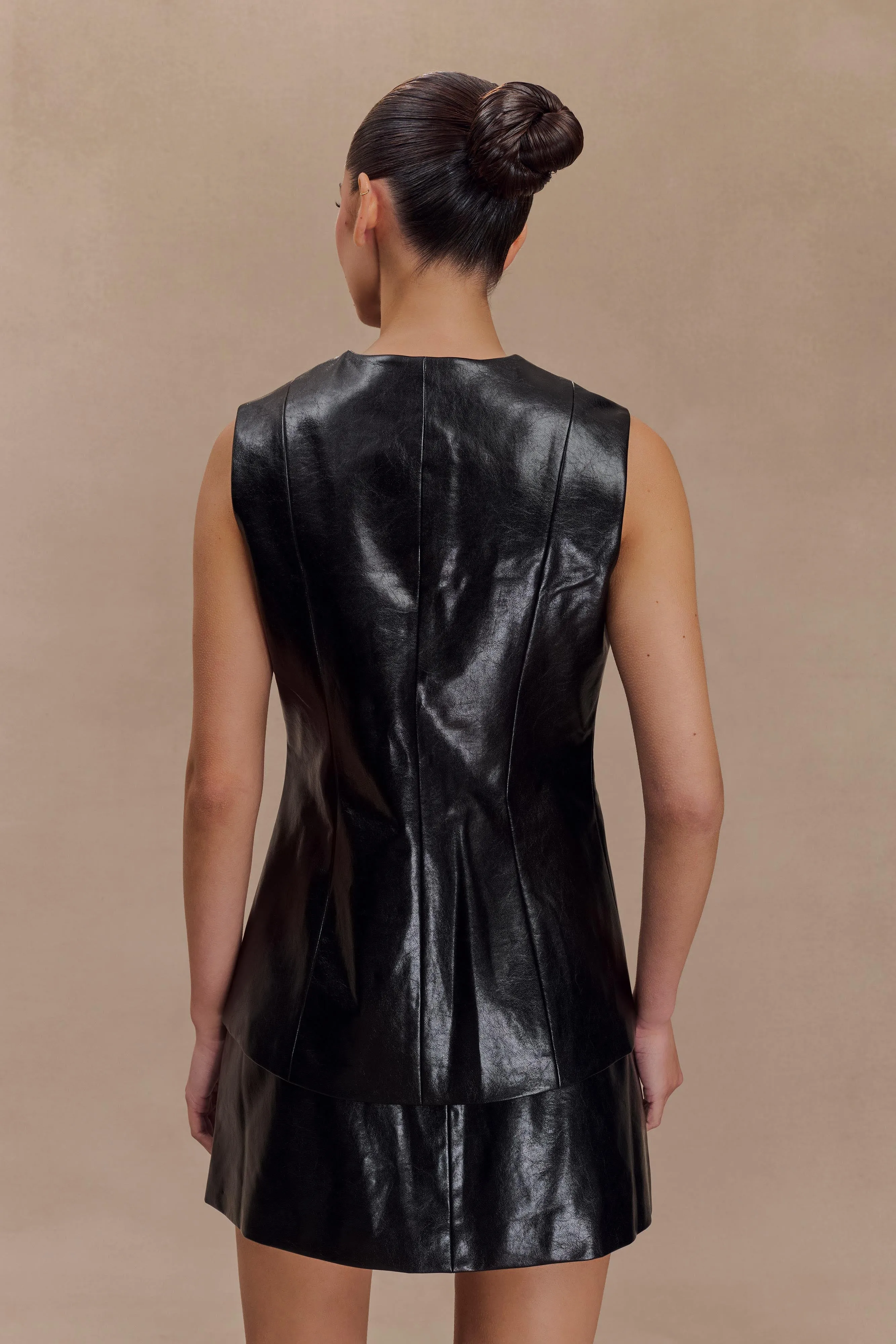 Coralia Faux Leather Sleeveless Vest - Black