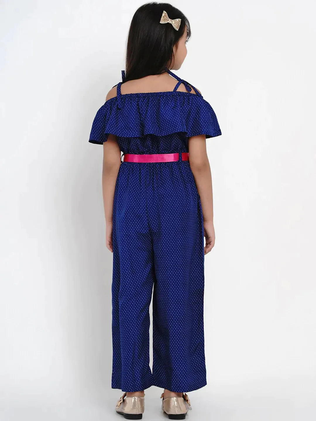 Girls Blue Self Design Basic Jumpsuit