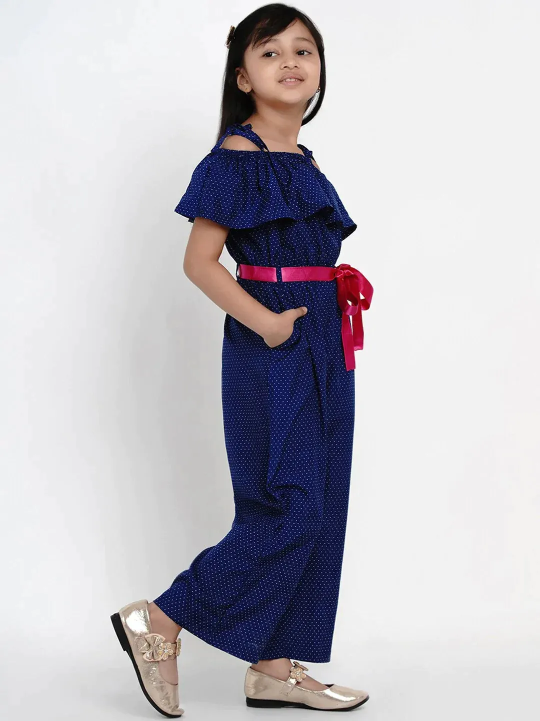 Girls Blue Self Design Basic Jumpsuit