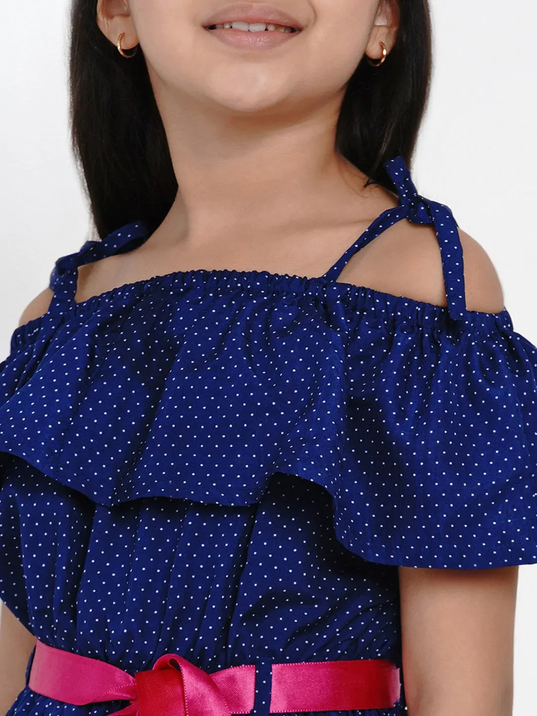Girls Blue Self Design Basic Jumpsuit