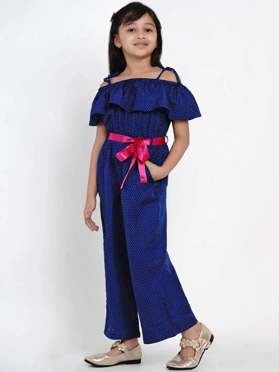Girls Blue Self Design Basic Jumpsuit