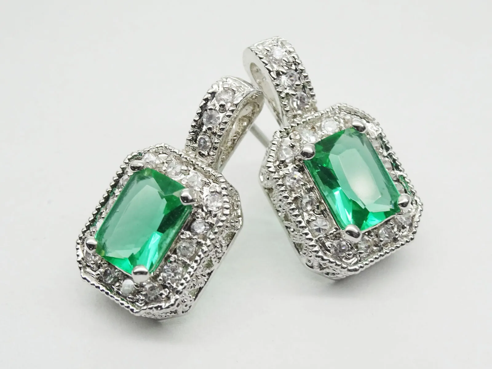 Green Em-Cut CZ Sterling Silver Dangle Earrings