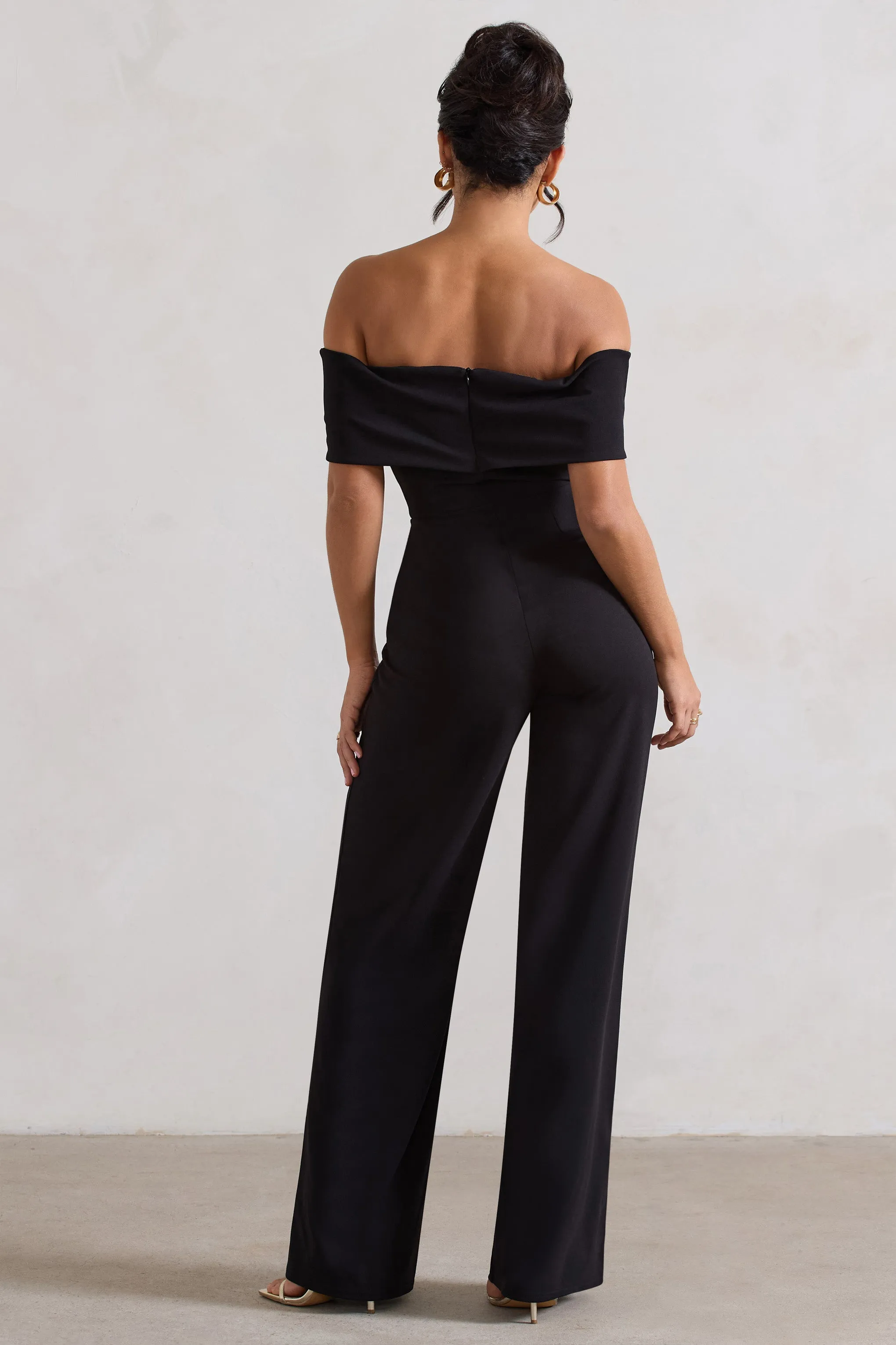 Harleen | Black Bow Bardot Wide-Leg Jumpsuit