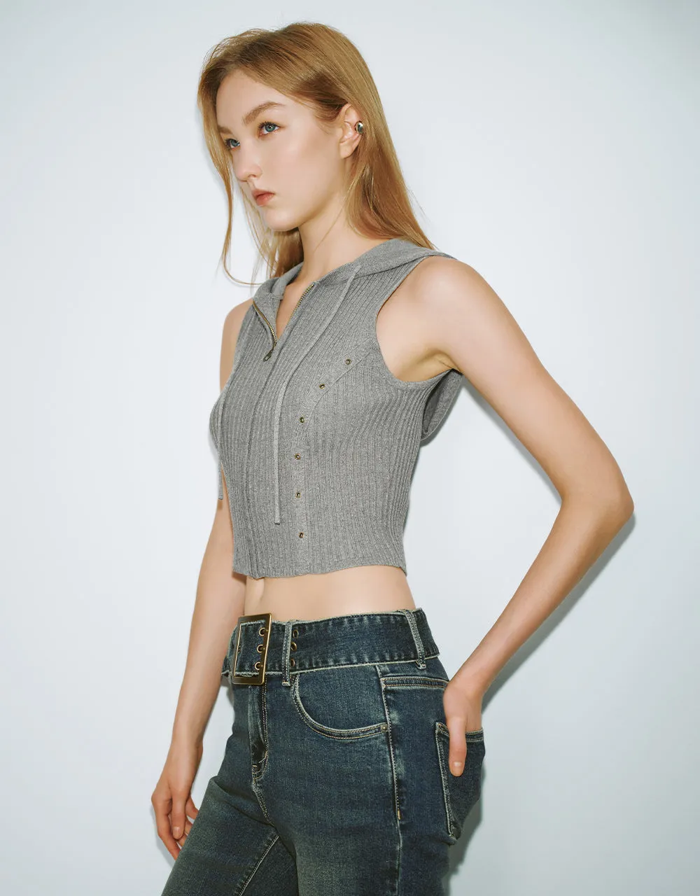 Hooded Zipper Front Skinny Knitted Vest
