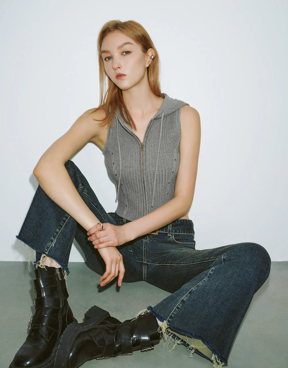 Hooded Zipper Front Skinny Knitted Vest