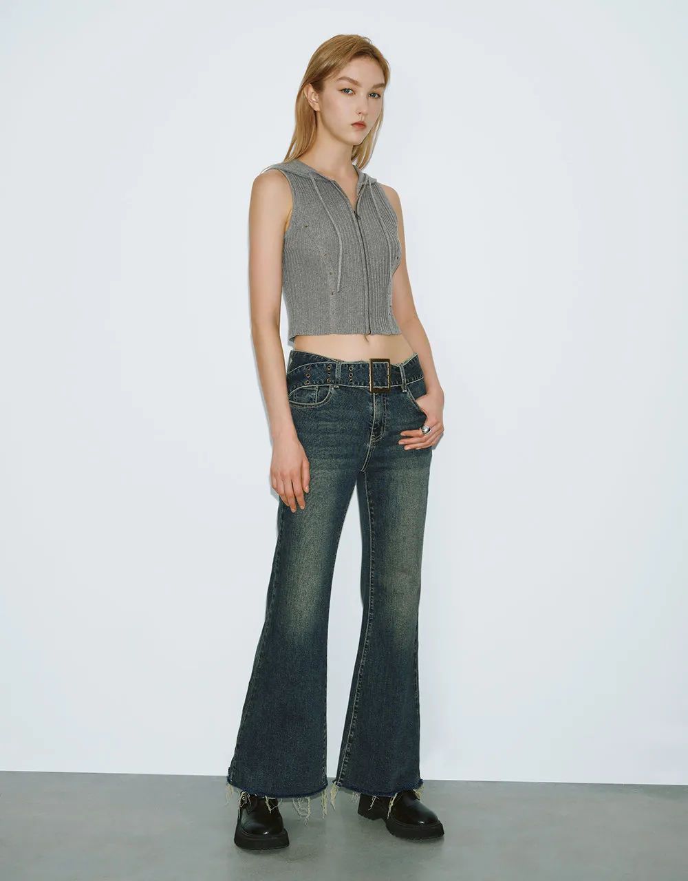 Hooded Zipper Front Skinny Knitted Vest