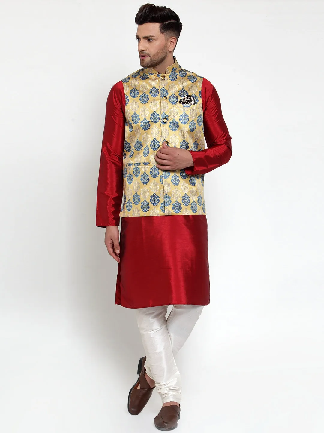 Jashvi Men's Gold Printed Nehru Jacket