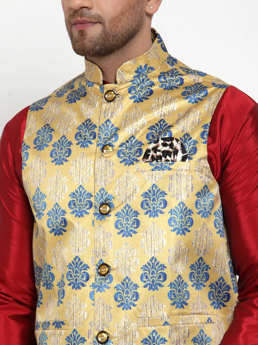 Jashvi Men's Gold Printed Nehru Jacket