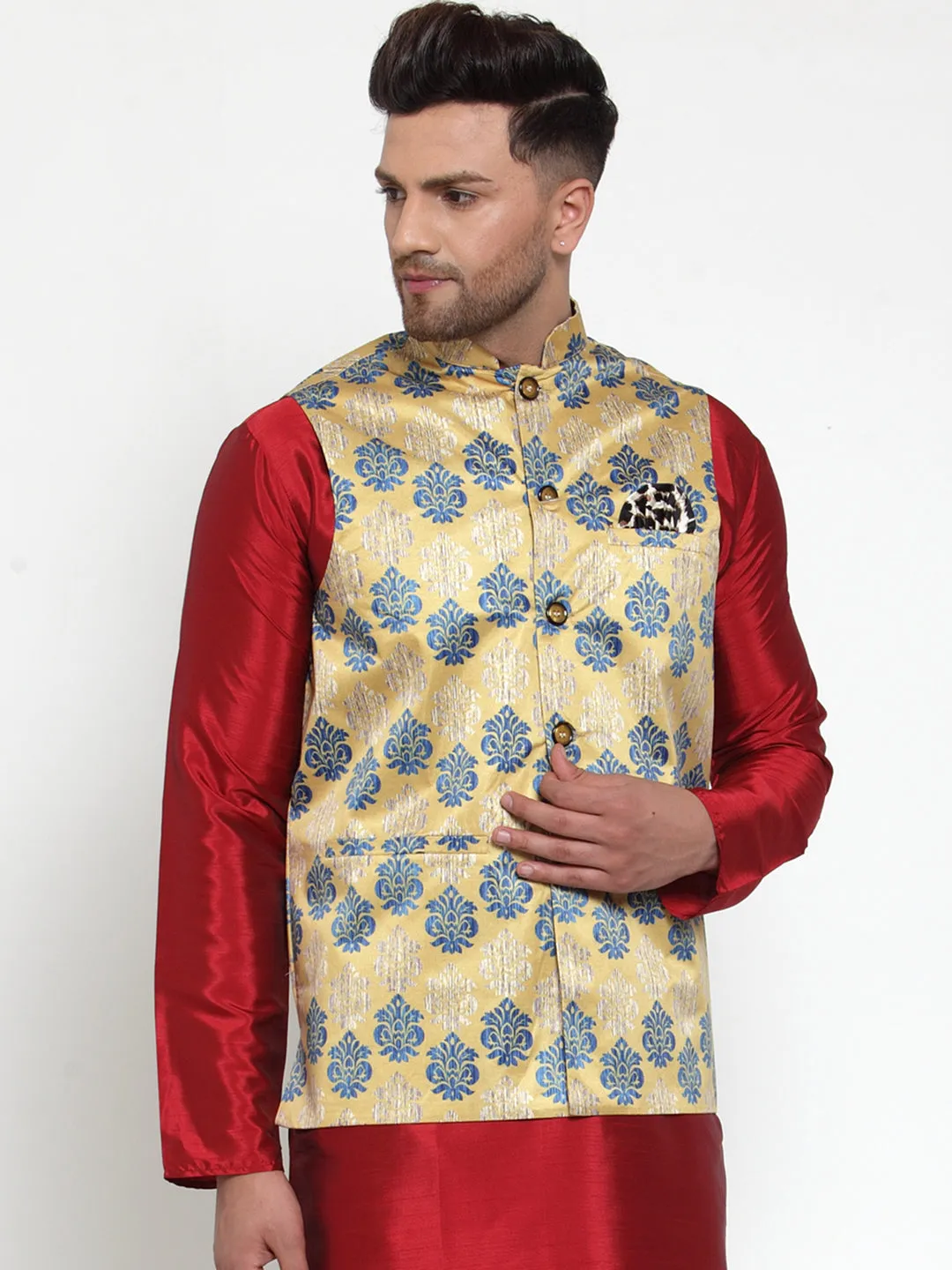 Jashvi Men's Gold Printed Nehru Jacket