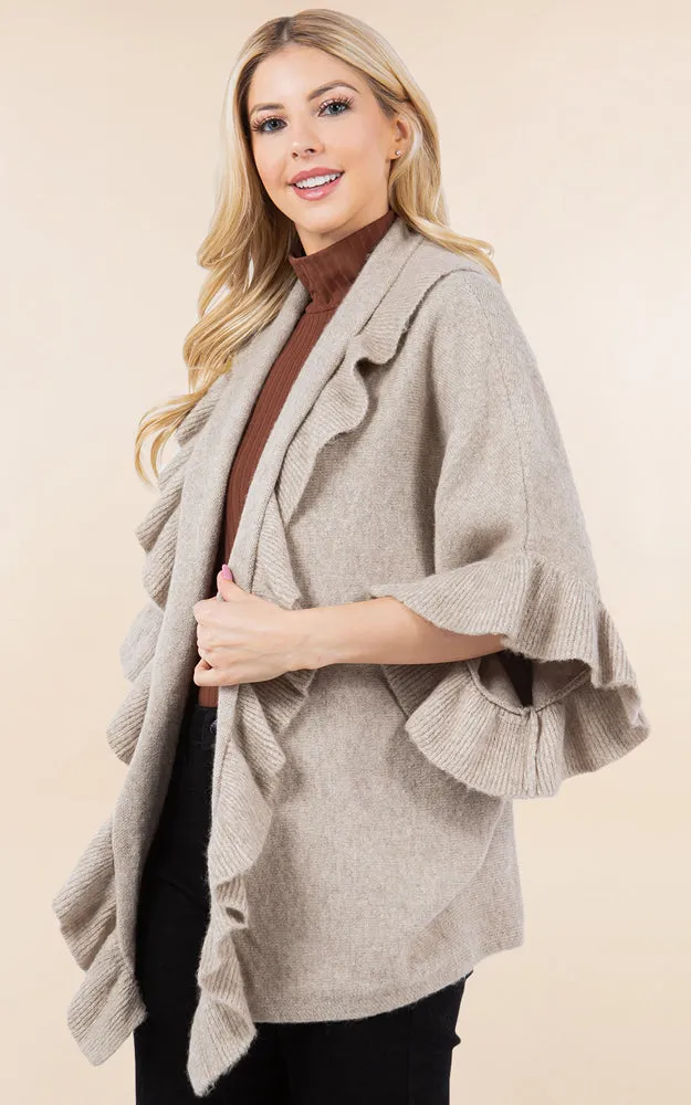 KA4272 SOFT KNIT RUFFLE TRIM CAPE COVER UP