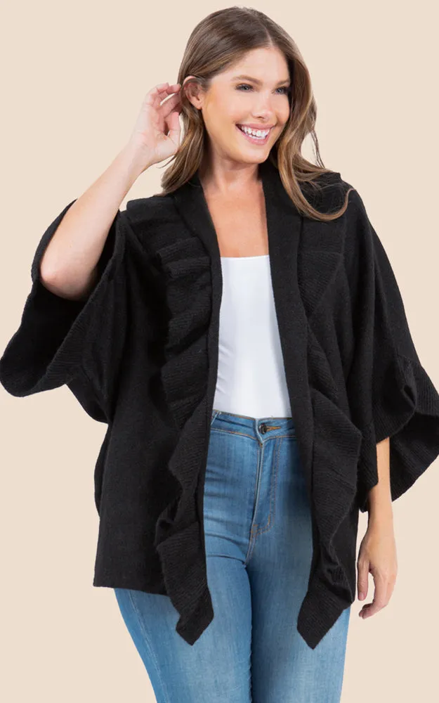 KA4272 SOFT KNIT RUFFLE TRIM CAPE COVER UP