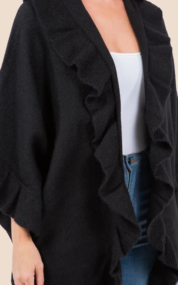 KA4272 SOFT KNIT RUFFLE TRIM CAPE COVER UP