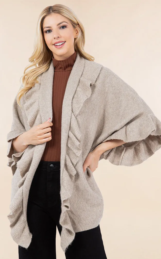 KA4272 SOFT KNIT RUFFLE TRIM CAPE COVER UP