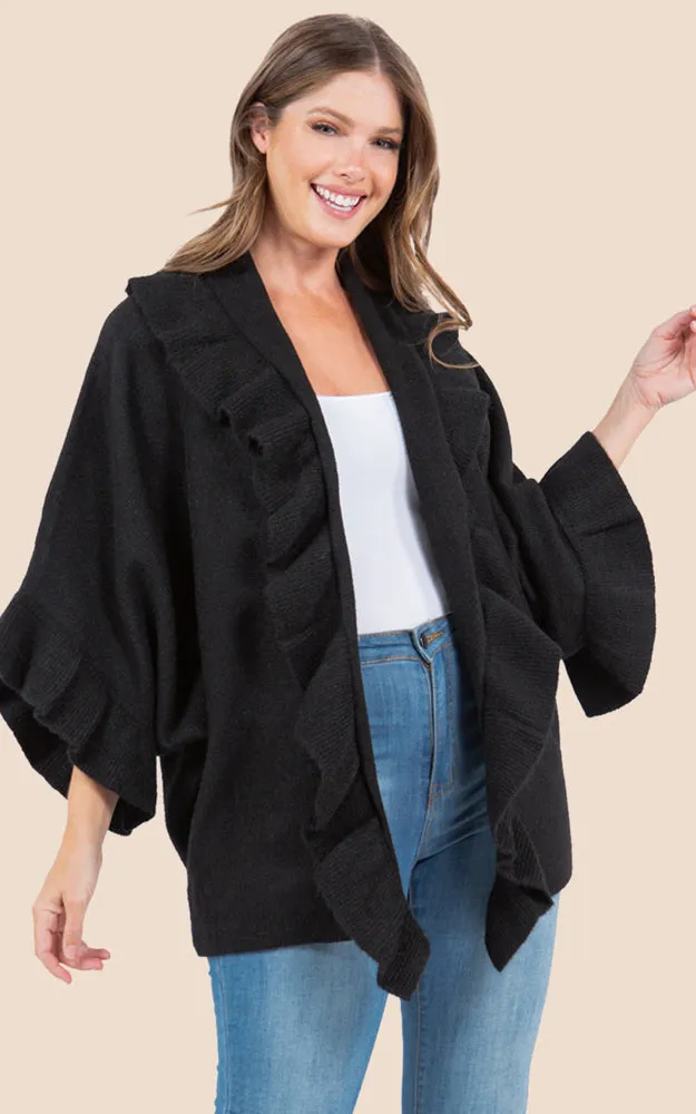 KA4272 SOFT KNIT RUFFLE TRIM CAPE COVER UP