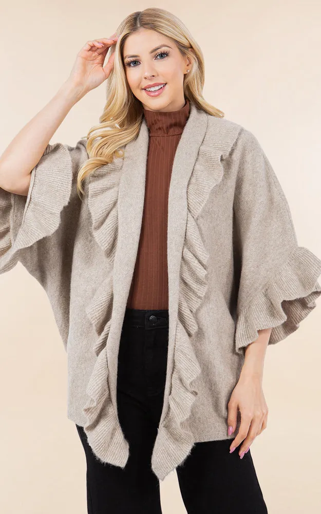 KA4272 SOFT KNIT RUFFLE TRIM CAPE COVER UP