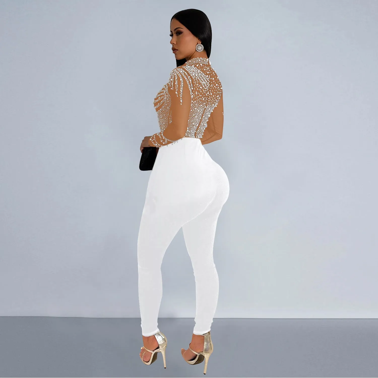 MALYBGG Monochrome Mesh Sequin Long Sleeve Pantsuit 6912-1LY