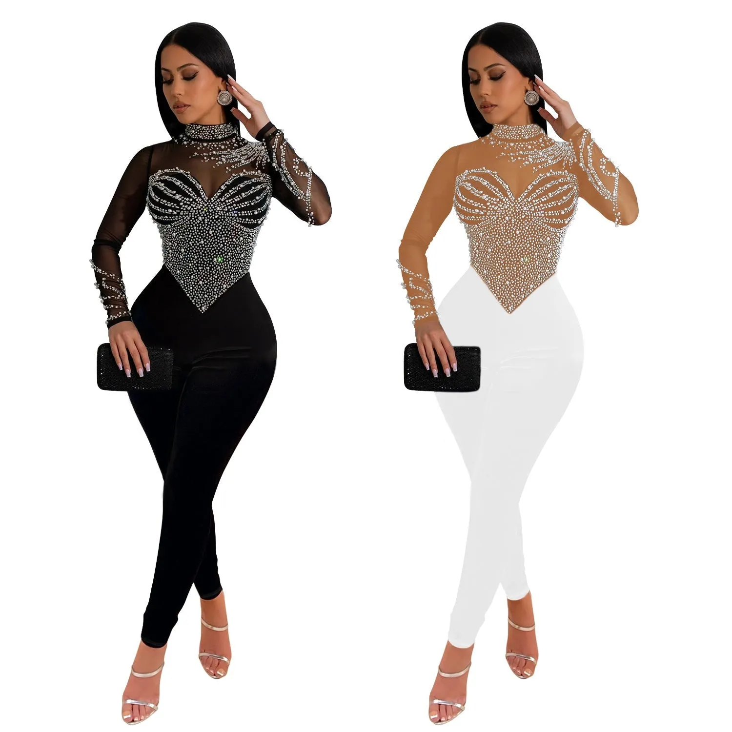 MALYBGG Monochrome Mesh Sequin Long Sleeve Pantsuit 6912-1LY