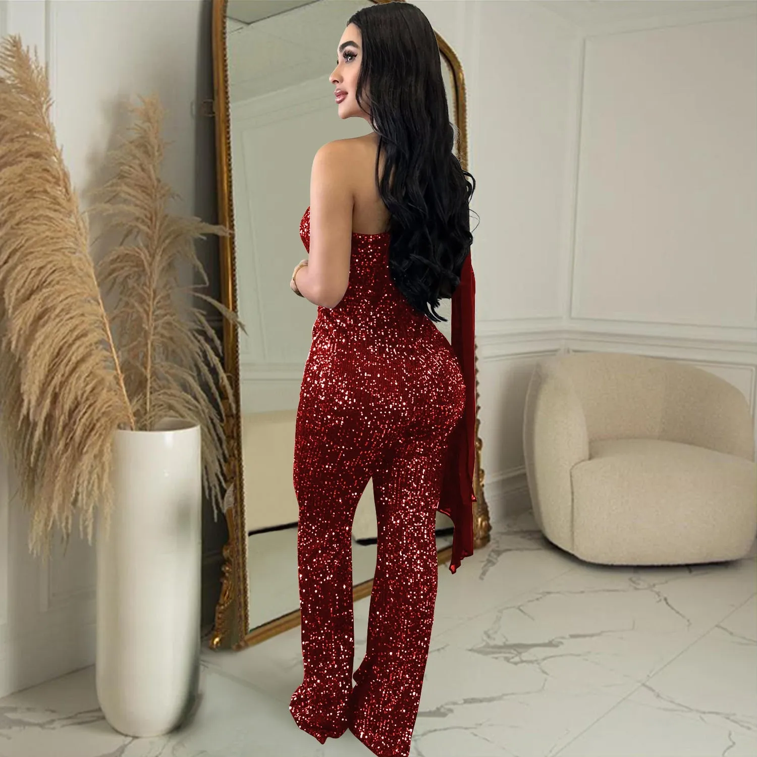 MALYBGG One-Shoulder Sleeveless Sequined Jumpsuit 6778LY