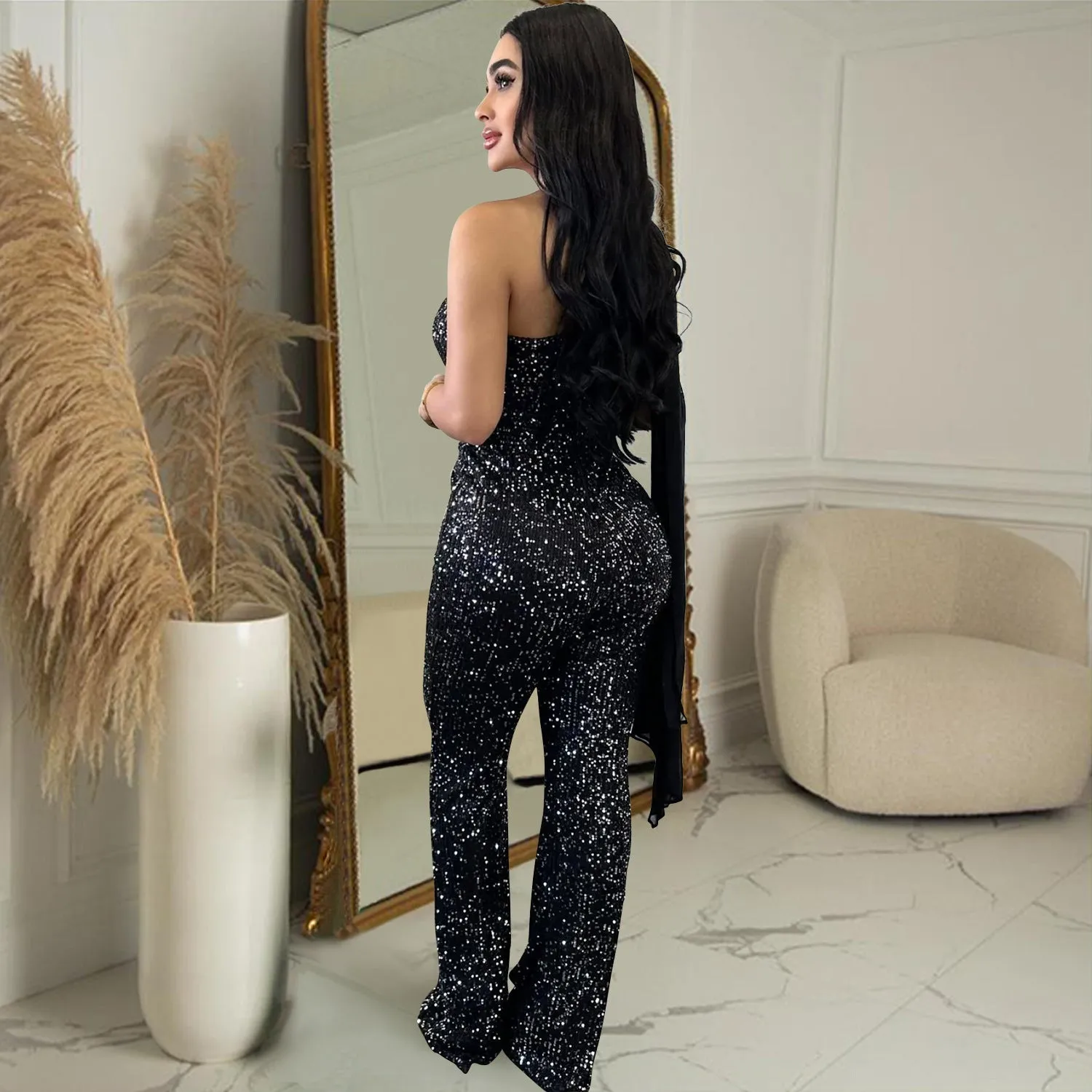 MALYBGG One-Shoulder Sleeveless Sequined Jumpsuit 6778LY