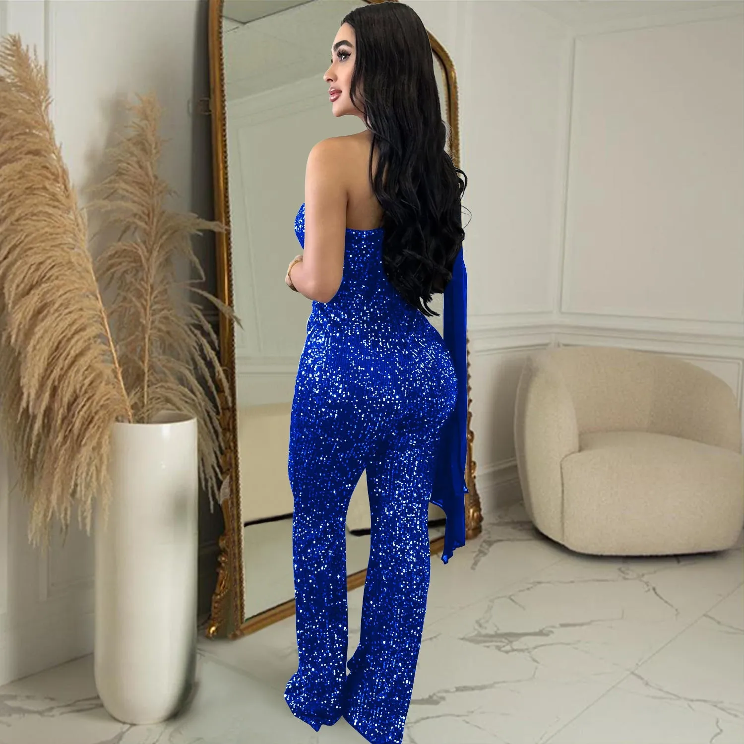 MALYBGG One-Shoulder Sleeveless Sequined Jumpsuit 6778LY