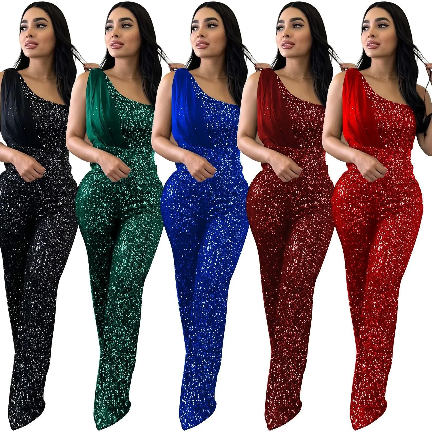 MALYBGG One-Shoulder Sleeveless Sequined Jumpsuit 6778LY