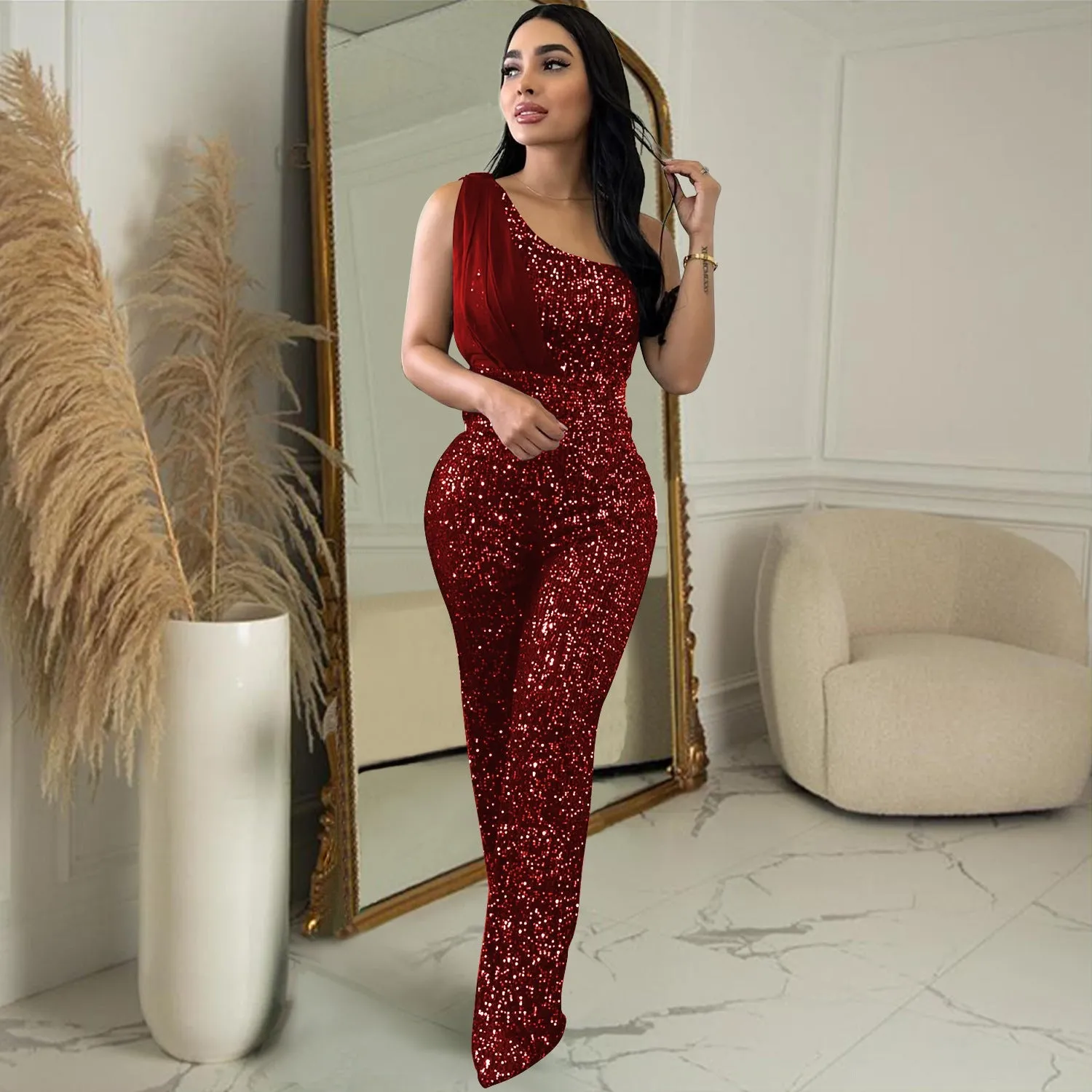 MALYBGG One-Shoulder Sleeveless Sequined Jumpsuit 6778LY
