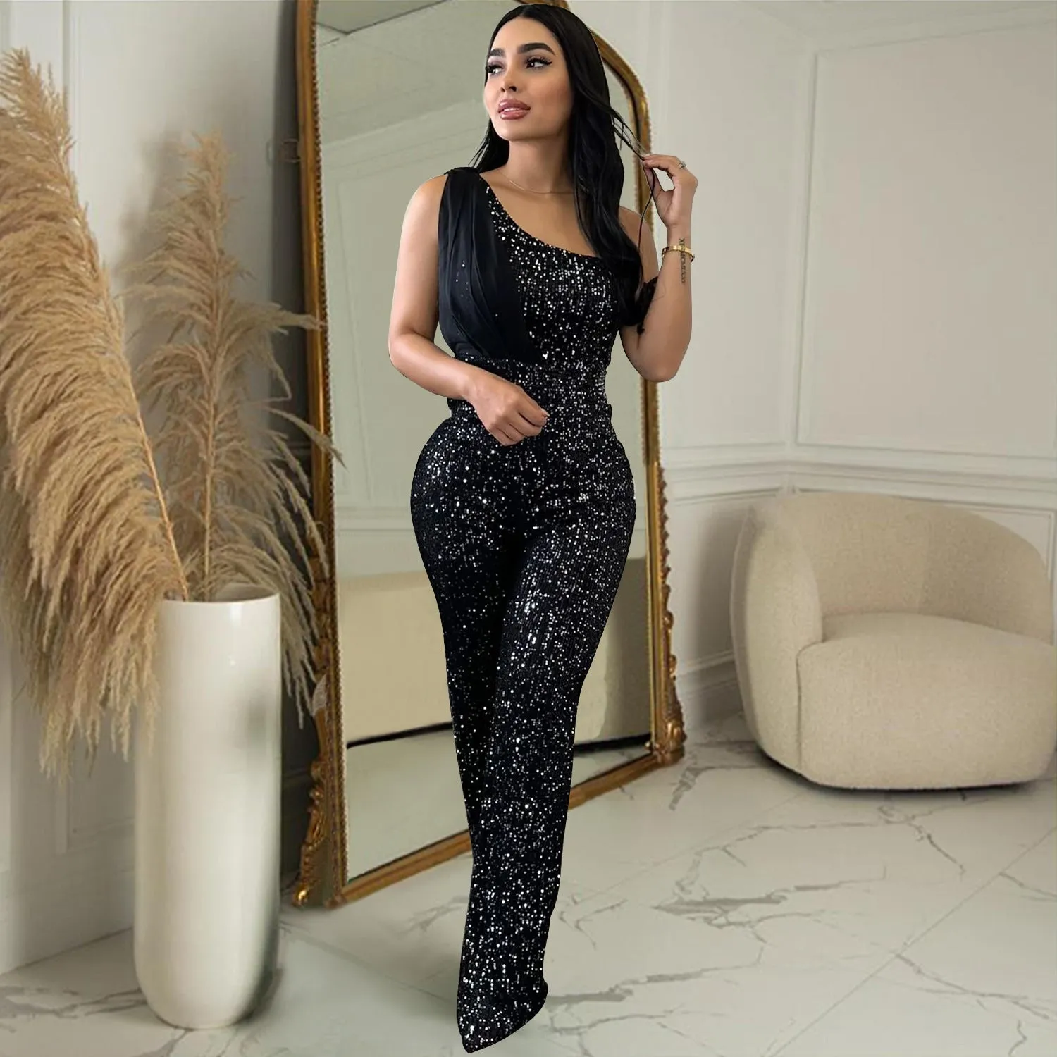 MALYBGG One-Shoulder Sleeveless Sequined Jumpsuit 6778LY