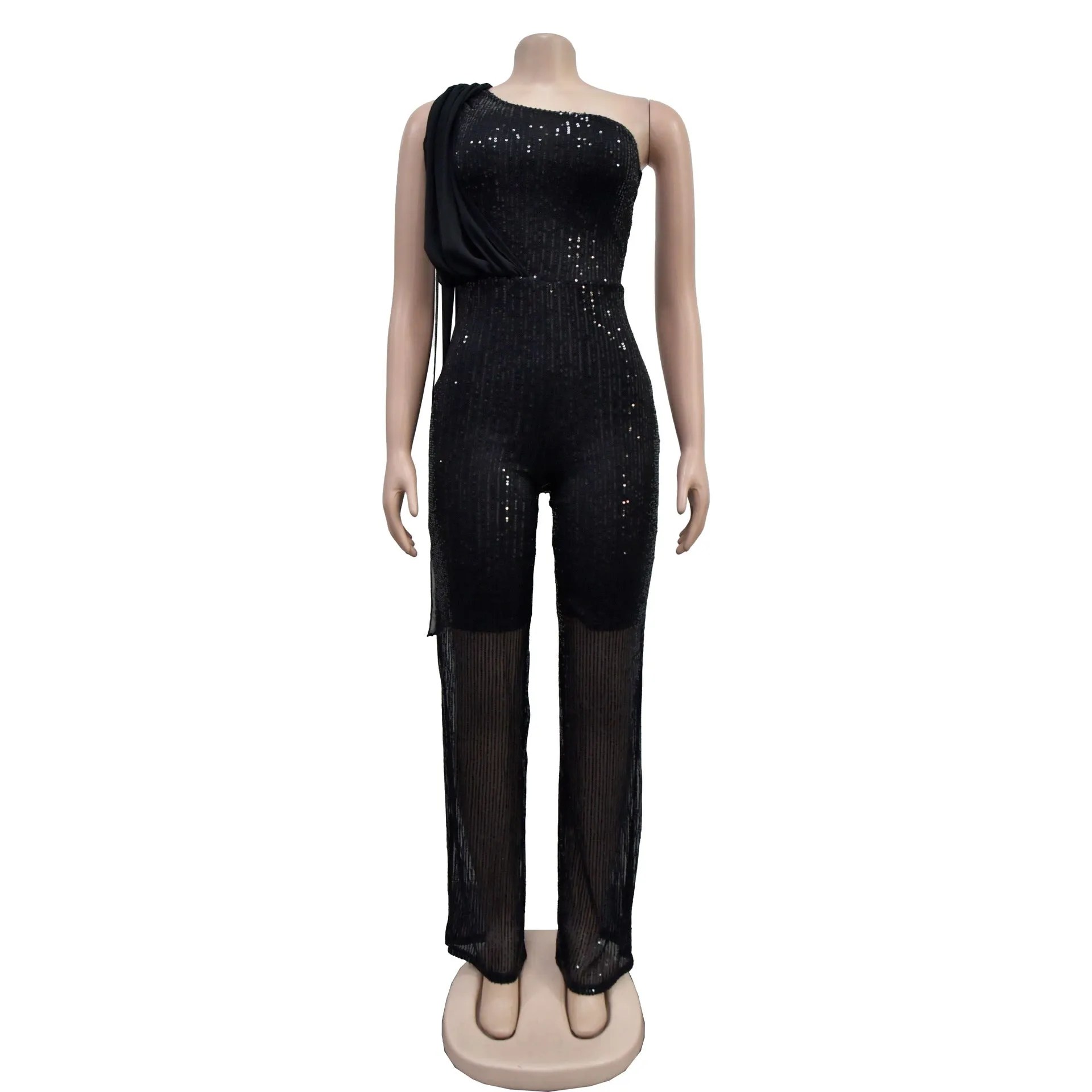 MALYBGG One-Shoulder Sleeveless Sequined Jumpsuit 6778LY