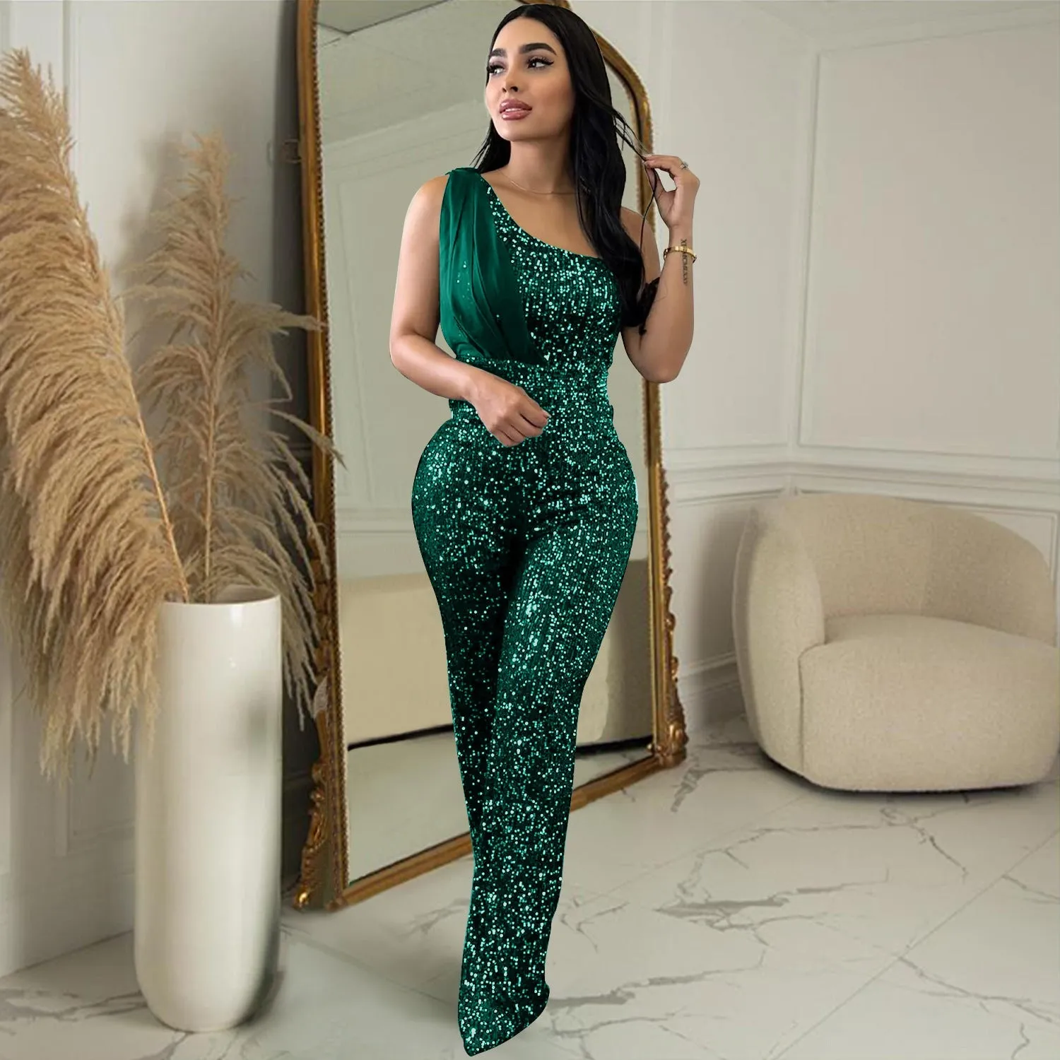 MALYBGG One-Shoulder Sleeveless Sequined Jumpsuit 6778LY
