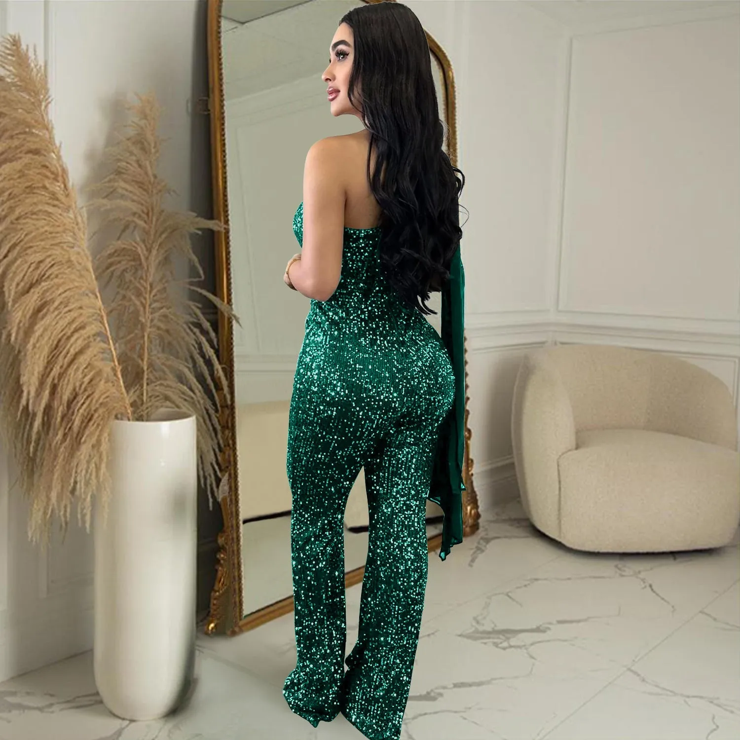 MALYBGG One-Shoulder Sleeveless Sequined Jumpsuit 6778LY
