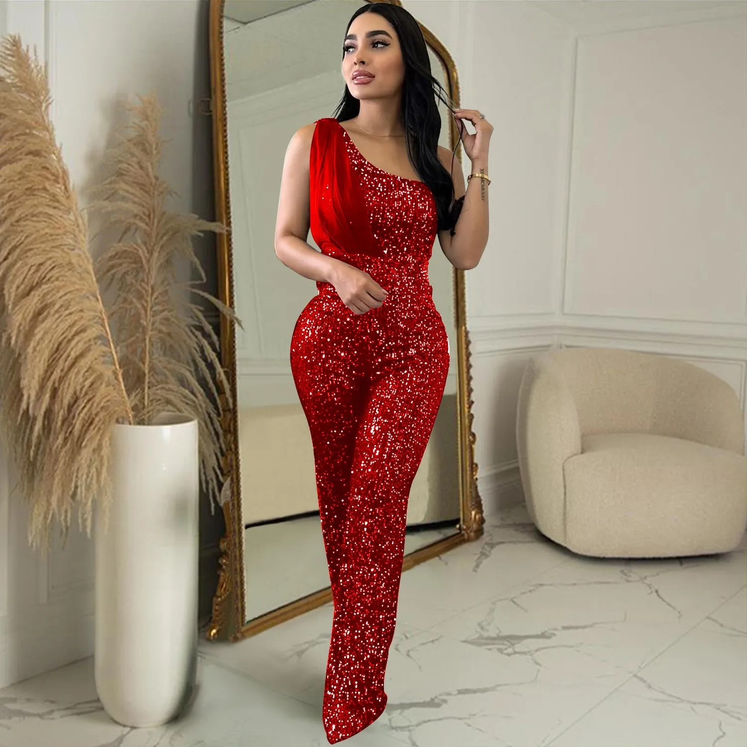 MALYBGG One-Shoulder Sleeveless Sequined Jumpsuit 6778LY