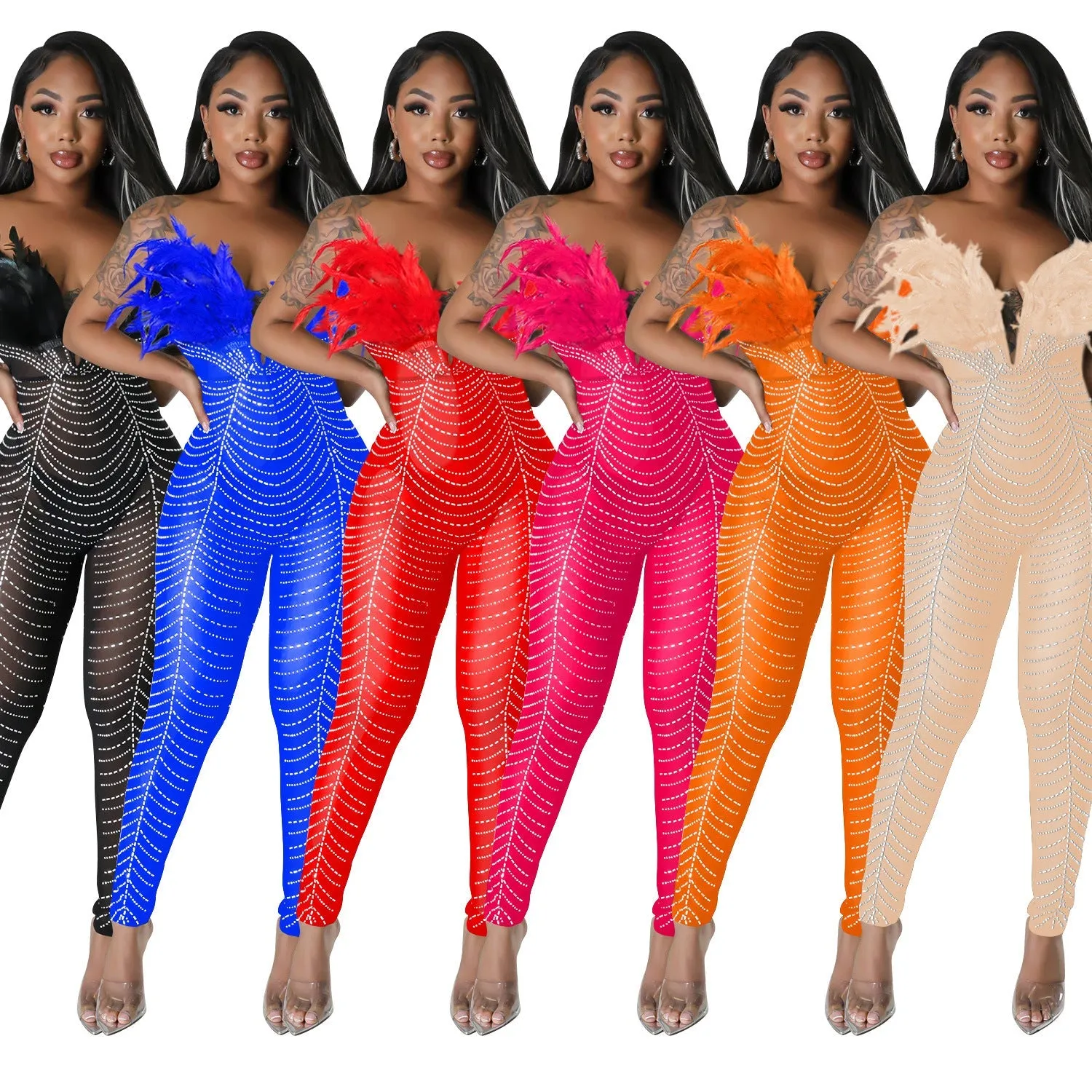 MALYBGG Solid Color Sensual Mesh Rhinestone Bodysuit 6735LY