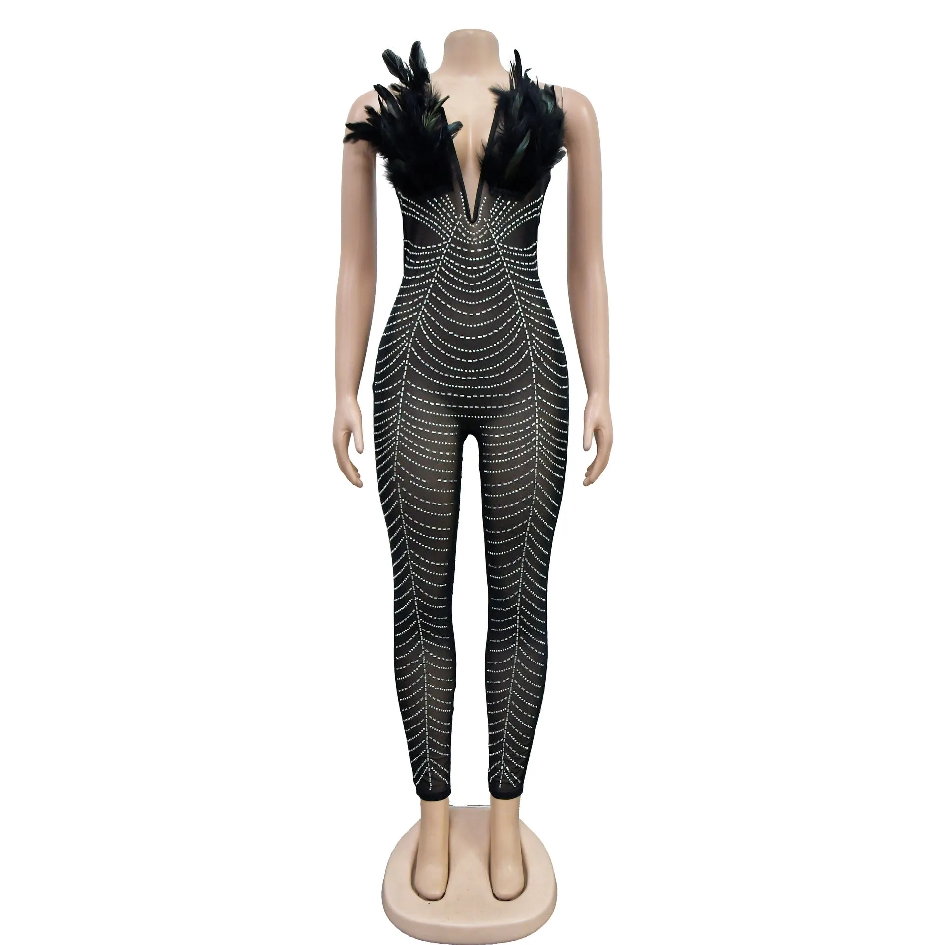 MALYBGG Solid Color Sensual Mesh Rhinestone Bodysuit 6735LY