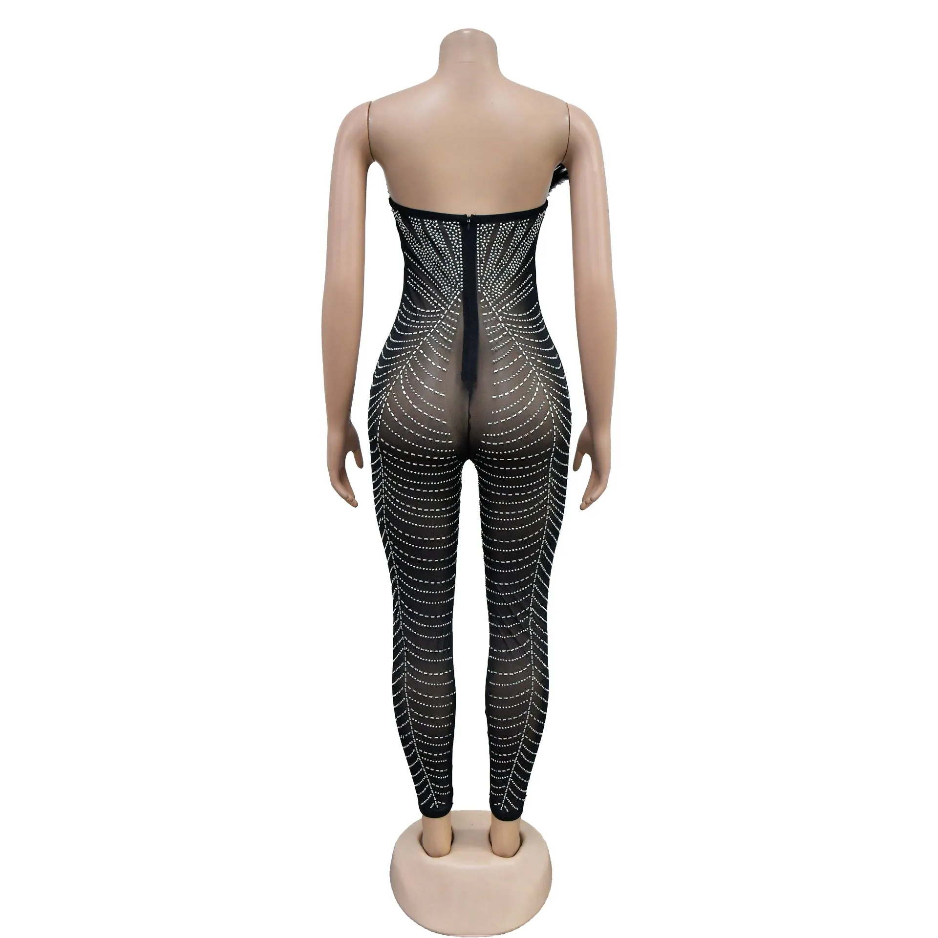 MALYBGG Solid Color Sensual Mesh Rhinestone Bodysuit 6735LY
