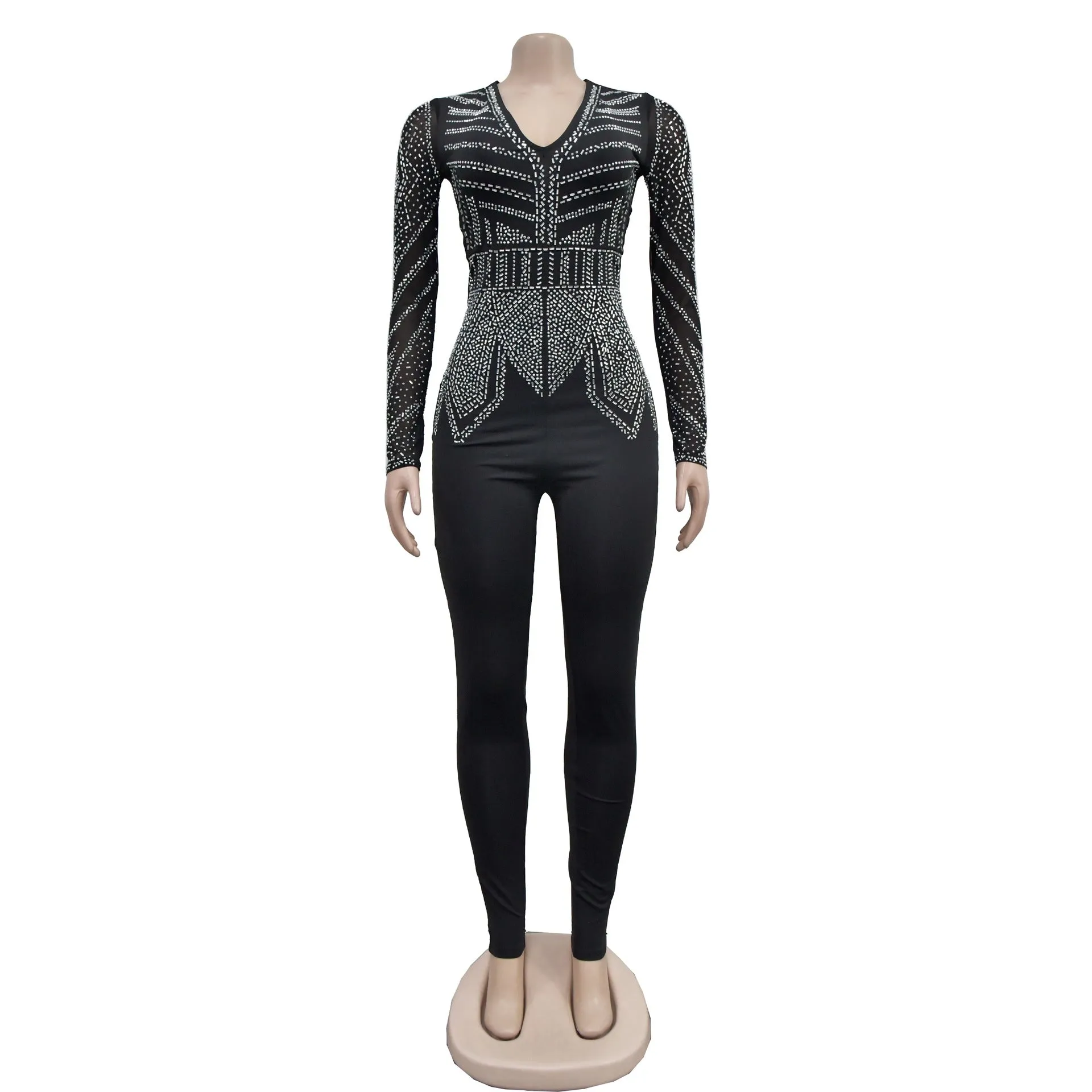 MALYBGG V-neck Mesh Sequin Long Sleeve Jumpsuit 6875-1LY