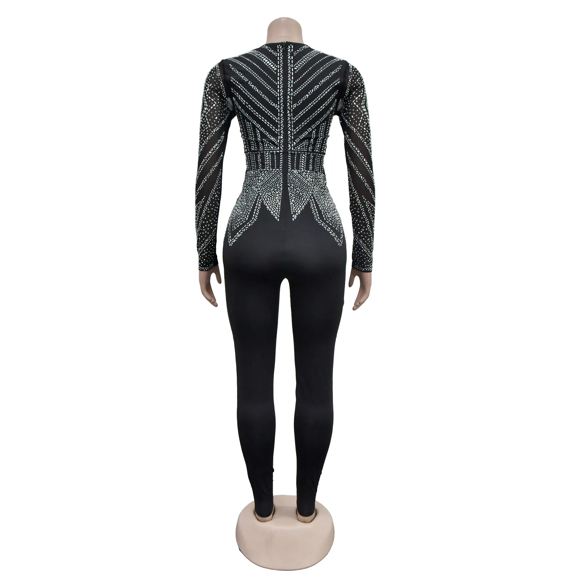 MALYBGG V-neck Mesh Sequin Long Sleeve Jumpsuit 6875-1LY