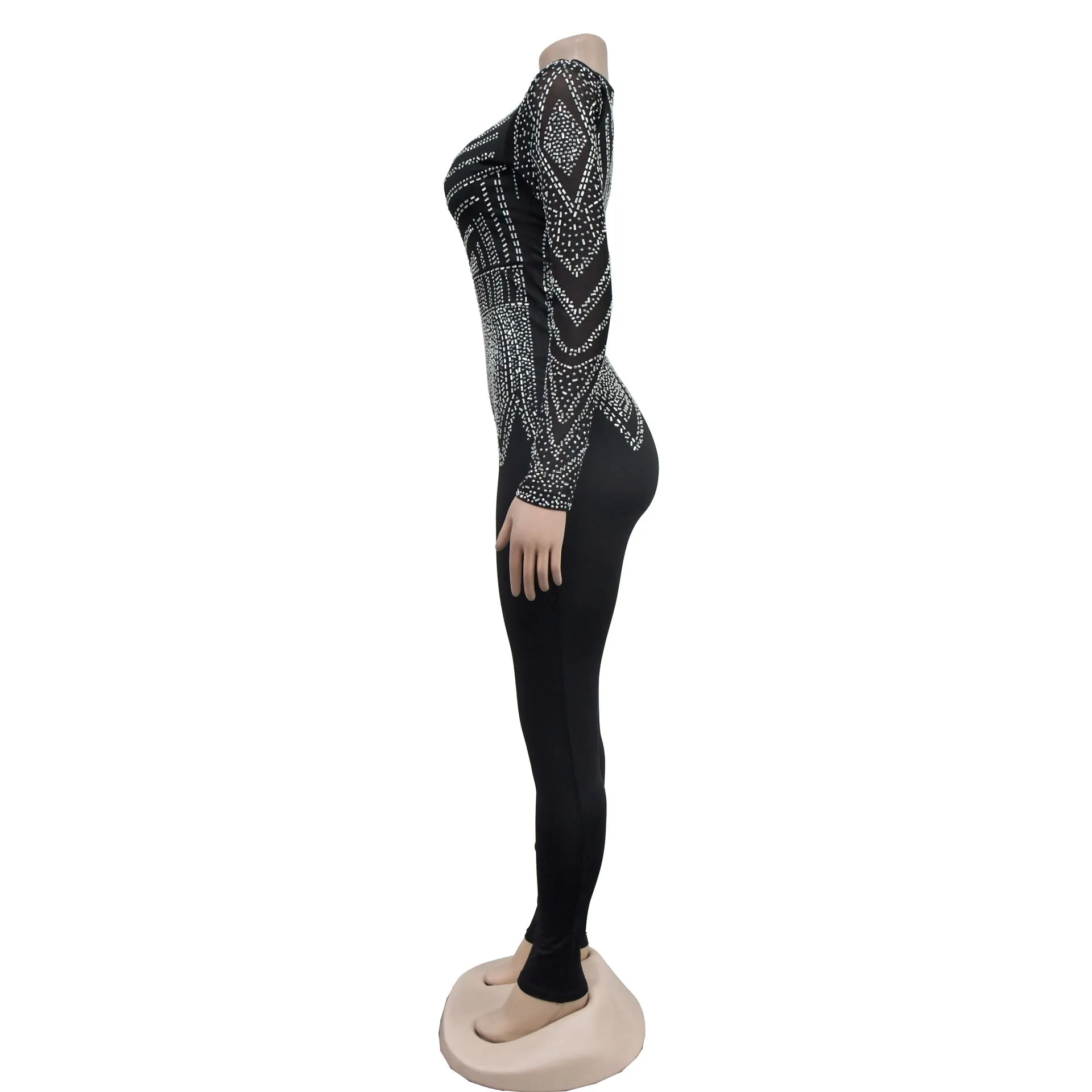MALYBGG V-neck Mesh Sequin Long Sleeve Jumpsuit 6875-1LY