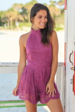 Mauve Halter Neck Lace Romper