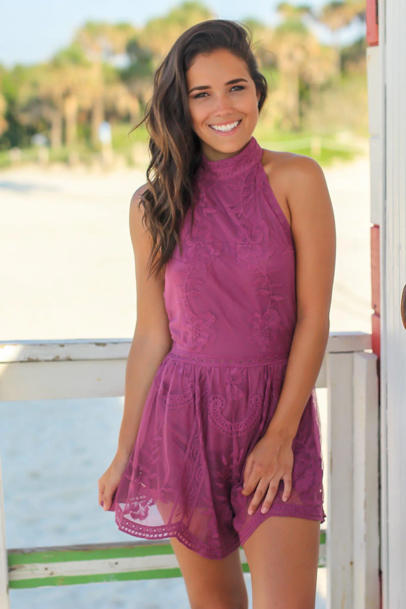 Mauve Halter Neck Lace Romper